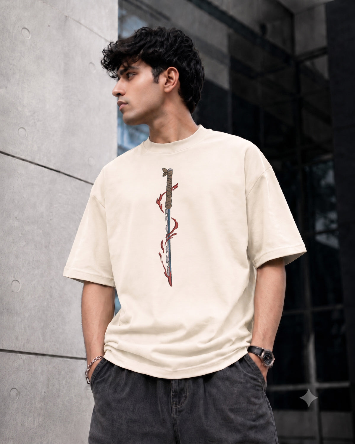 Hk Samurai Sward Embroidery Oversized T-shirt | Unisex