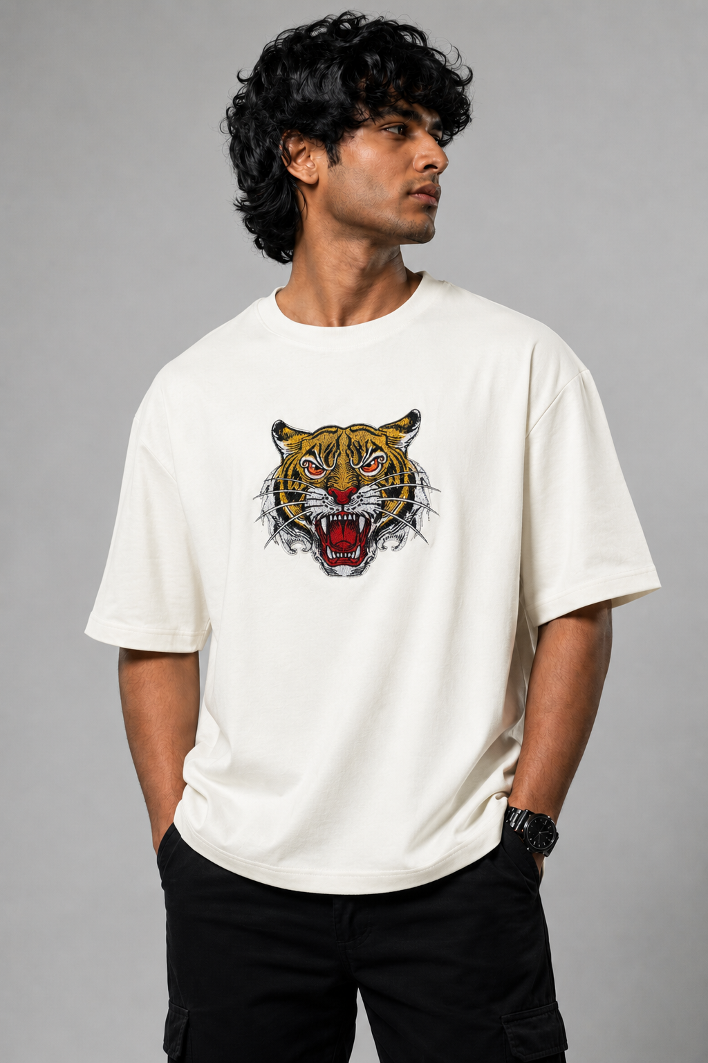 Hk Trending Tiger Face Embroidery Oversized T-shirt | Unisex T-shirt