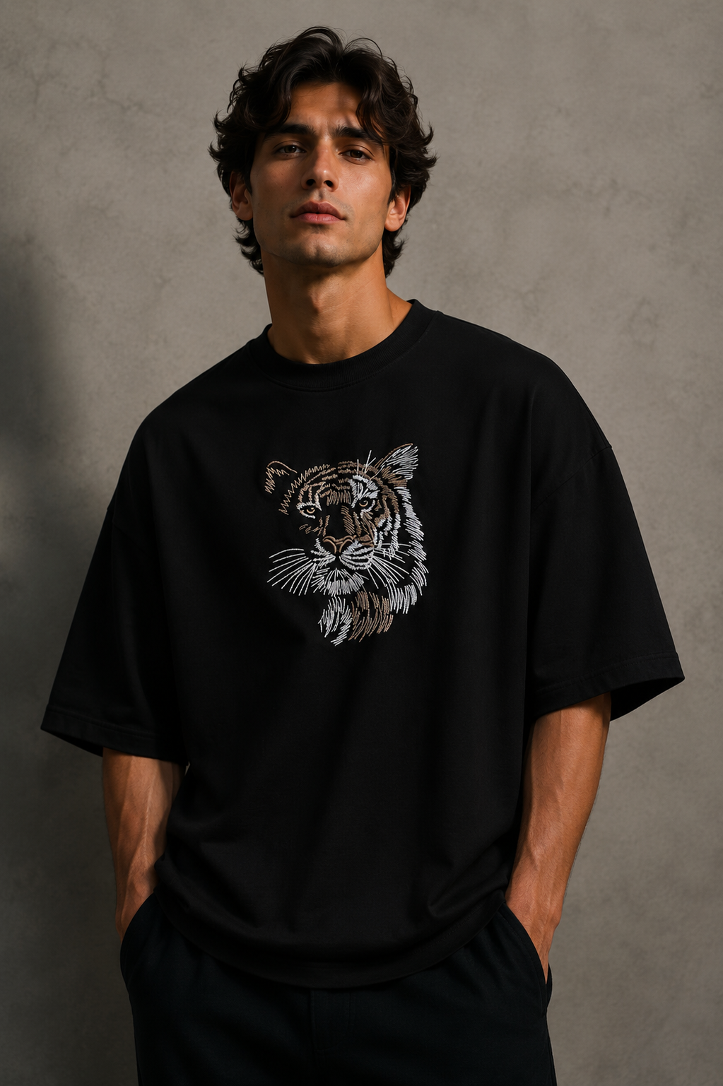 Hk Trending Tiger Face Embroidery Oversized T-shirt | Unisex T-shirt