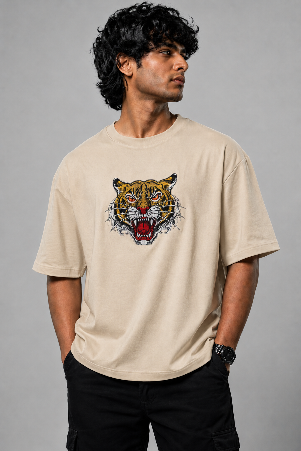 Hk Trending Tiger Face Embroidery Oversized T-shirt | Unisex T-shirt