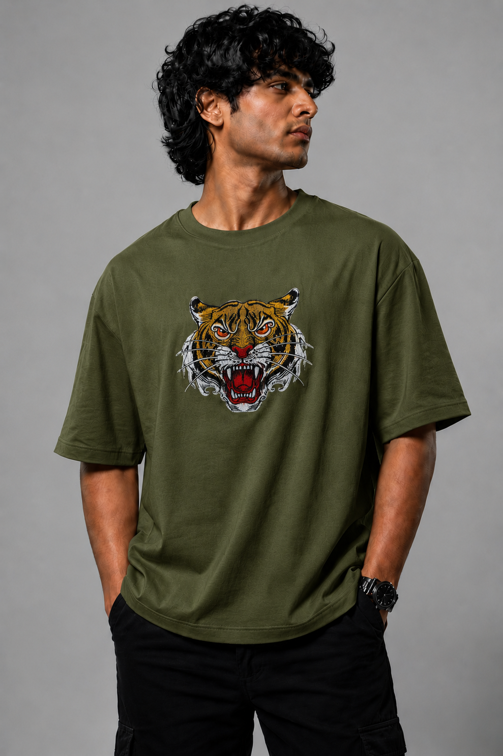 Hk Trending Tiger Face Embroidery Oversized T-shirt | Unisex T-shirt