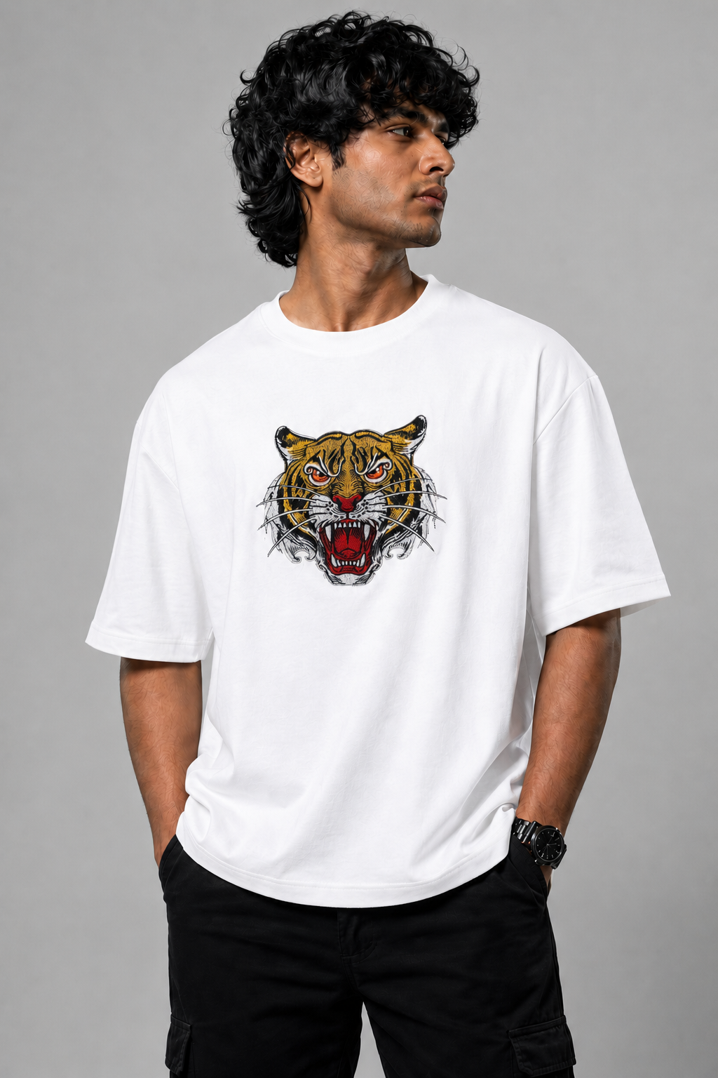 Hk Trending Tiger Face Embroidery Oversized T-shirt | Unisex T-shirt