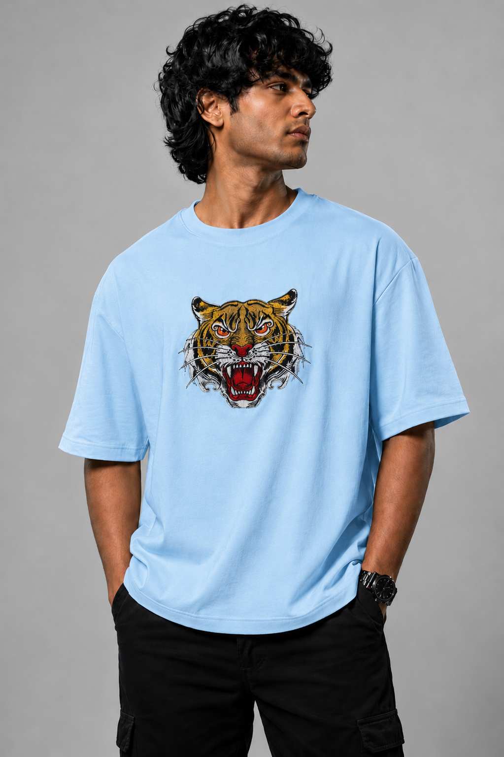 Hk Trending Tiger Face Embroidery Oversized T-shirt | Unisex T-shirt