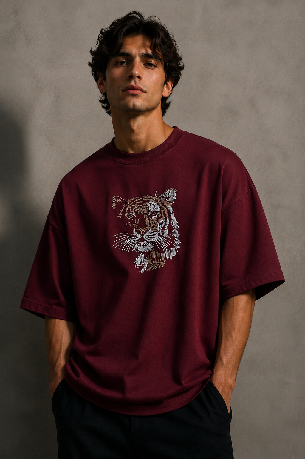 Hk Trending Tiger Face Embroidery Oversized T-shirt | Unisex T-shirt