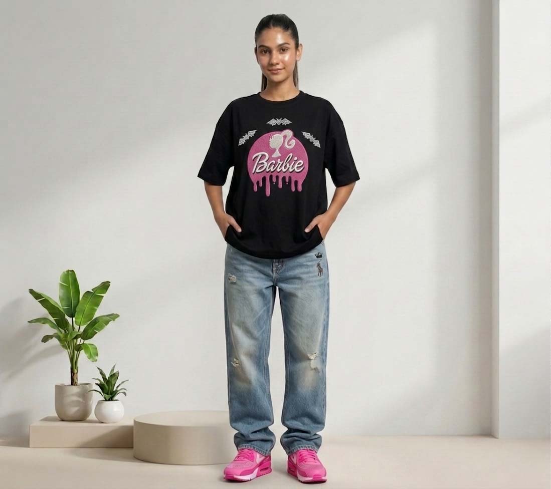 Ultra-Soft French Terry T-Shirt | Premium Barbie Embroidery Design & 99% No-Fade Guarantee - Image 2