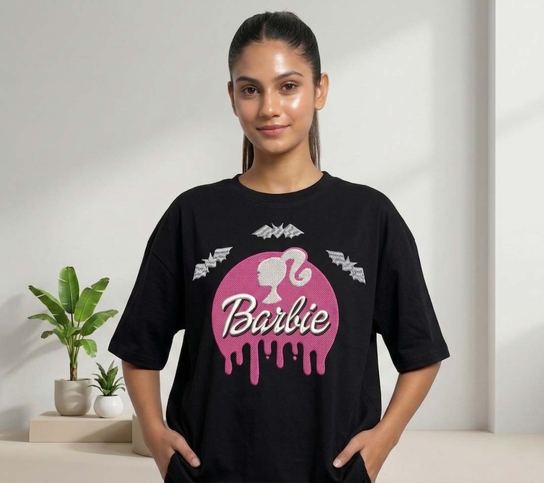 Ultra-Soft French Terry T-Shirt | Premium Barbie Embroidery Design & 99% No-Fade Guarantee